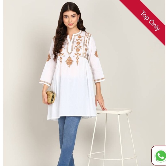 Vahson Handmade Short Chikan Cotton Kurti Embroidered Womens Sz Large White NEW - Picture 4 of 15